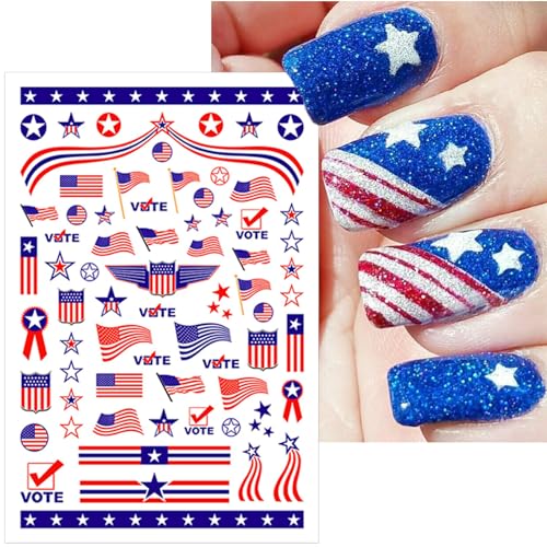 IDDFEVE 8 Sheets 4th of July Nail Stickers, Independence Day Patriotic Nail Decals, 3D Design Self-Adhesive USA Flag Star Nail Art