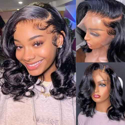 Hihmarm Body Wave Bob Wig Human Hair 13x4 HD Lace Front Wigs Human Hair Pre Plucked 180% Density Glueless Wig Bob Wigs for Black Women Body Wave Lace Frontal Wigs Human Hair Natural Black 14 Inch