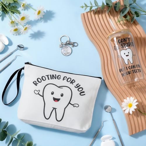 Kacctyen Dental Assistant Gifts Dentist Hygienist Gift for Women Dental Assistant Appreciation Week Makeup Bag with Keychain 17 oz Glass Cup with Lid and Straw Set for Women Men Accessories