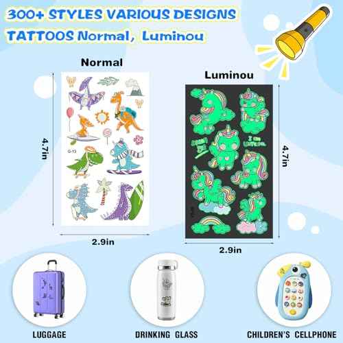 300pcs (30 Sheets) Glow-in-the-Dark Temporary Tattoos for Kids - Unicorn, Dinosaur, Mermaid, Fairy, Animals £¦ Butterfly - Temporary Tattoos for Boy £¦ Girls, Party Favors