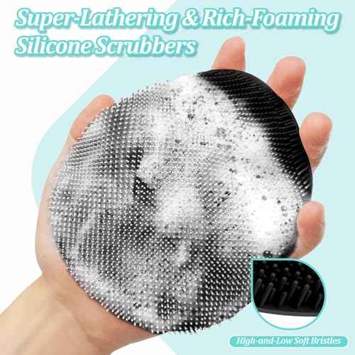Silicone Back Scrubber & Bath Glove Set 2PCS, 13.4'' Gentle Shower Back Scrubber with Dual-Side Head Non-Slip Handle, 360¡Æ Anti-Slip Hand-fit Bath Glove for Rich Foaming Deep Cleaning(Black)
