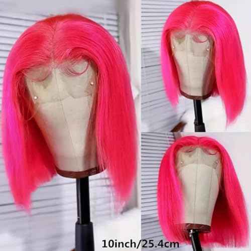13x4 HD Lace Pink Bob Wigs 100% Human Hair Front Wig Brazilian Unprocessed Virgin Human Hair Wigs Pre Plucked Natural Hairline Transparent Front Lace Bob for Women (8")
