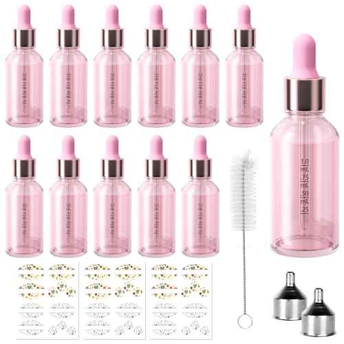 CycleMore 12 Pack (30 ml) 1 oz Pink Glass Boston Bottles with Glass Scale Eye Droppers, Glass Cosmetic Droppers for Beauty, Essential Oils, Makeup & More Liquids Ideal for Mom or Friends