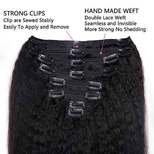 28 Inch Kinky Straight Clip In Hair Extensions Real Human Hair Kinky Straight Clip Ins #1B Natural Color Clip on Hair Extensions 8pcs with 18Clips Per Set 120g