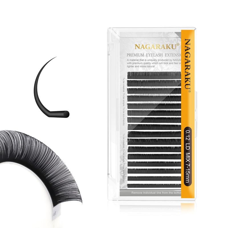 NAGARAKU Eyelash Extensions Individual Lashes 0.12 LD curl 7-15mm Mix Classic Faux Mink 16 rows Matte Black Soft Natural