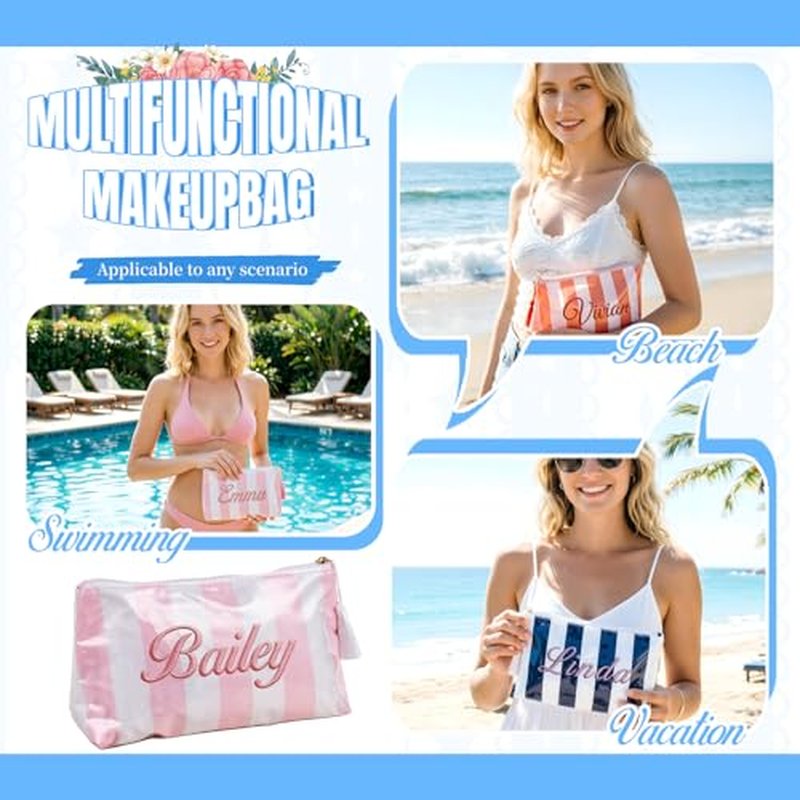 Personalized Striped Waterproof Makeup Bag with Custom Name
