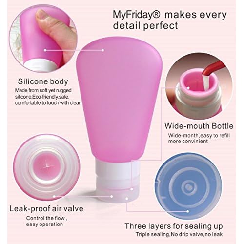 3 Pack Portable Food Grade Squeeze Silicone Liquid Travel Bottles For Shampoo, Conditioner, Lotion, Toiletries (3 OZ Pink + White + Blue)