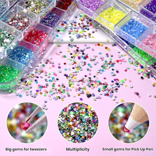 5 Boxes 2mm Flatback Nail Rhinestones Kit 13200 Pcs Colorful AB Round Transparent White Rainbow Crystal AB Gems Half Pearls with Pick Up Pen and Picker Tweezers for Craft Art and Face Makeup(2mm)