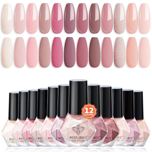 modelones 12-Color Nude Pink Nail Polish Set - Mellow Peach Pink Variant, Quick Dry