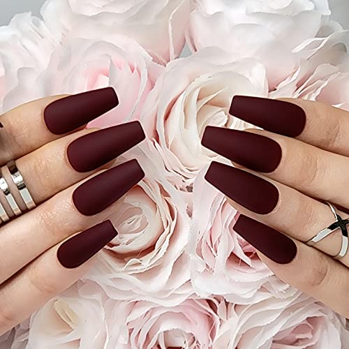 Hypnaughty Press On Nails - Maroon Xtreme & Noir Matte Coffin, Trendy & Salon Quality Reusable Nails With Kit