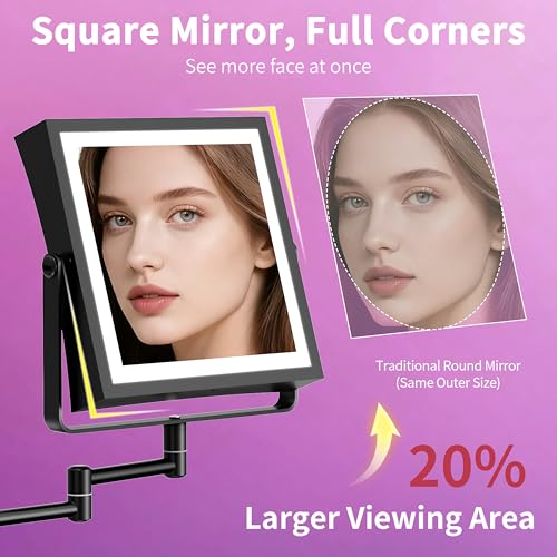 Wall Mounted Lighted Makeup Mirror, Rechargeable Double-Sided 1X/10X Magnifying Mirror with Light, Touch Dimmable 3 Color Lights, 360¡Æ Rotation Extendable Arm (Matte Black)