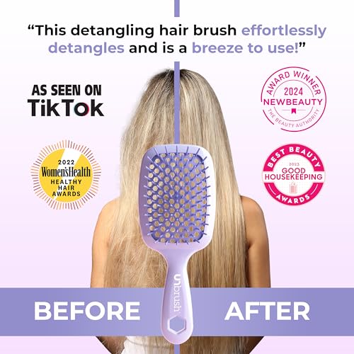 FHI Heat UNbrush Detangling Brush for Pain-Free Brushing on All Wet or Dry Hair Types — Durable DuoFlex Anti-Static Bristles, Lightweight Handle, Vented Hair Brush, Lilac Light Purple