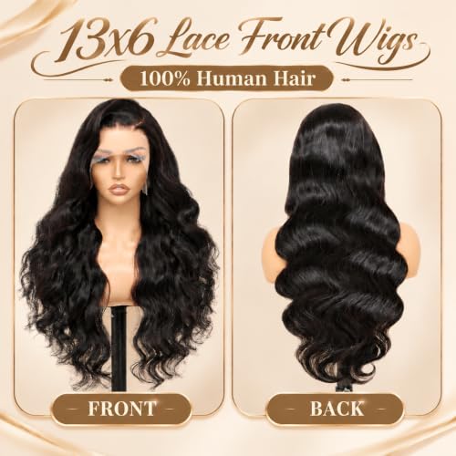 RUNBUY 13x6 Body Wave Lace Front Wigs Human Hair Pre Plucked 26 Inch Natural Color