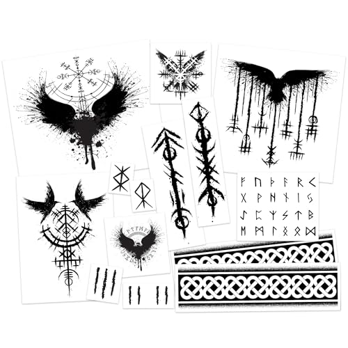 Viking Temporary Tattoos - 14 Sheet Pack with Ravens & Runes