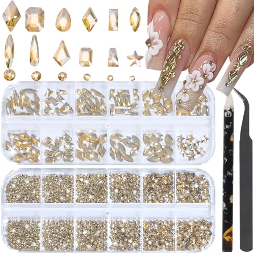 Champagne Gold Nail Rhinestones Kit - 3D Flatback Crystal Gems & Tools