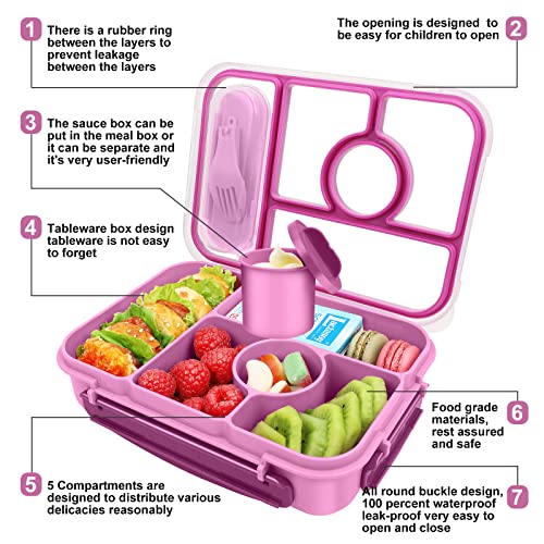 Demiue Lunch Box Kids,Bento Box Adult Lunch Box,Lunch Containers for Adults/Kids/Toddler,5 Compartments Bento Lunch Box with Sauce Vontainers,Microwave & Dishwasher & Freezer Safe(Purple)