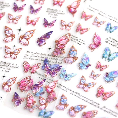 Butterfly Nail Art Stciekrs Decals 5D Self-Adhesive Pegatinas Uñas Nail Decals Pink Butterfly Nail Supplies for DIY Acrylic Nails for Women and Girls