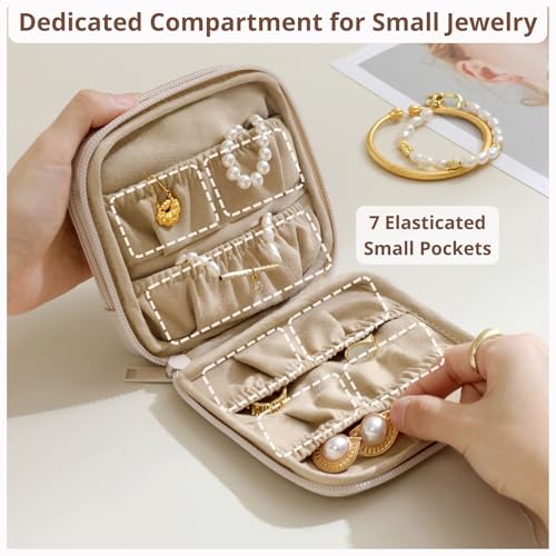Tianzong Double Zipper Travel Jewelry Case for Women - Beige Waterproof PU Organizer with Gift Box