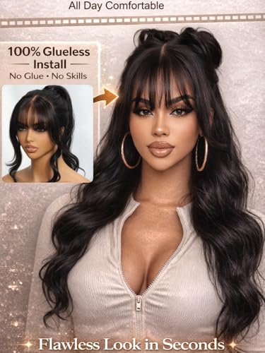 UNICE Body Wave Human Hair Wig with Wispy Bangs 16 inch