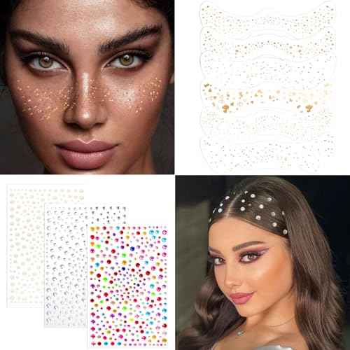 XANGNIER Glitter Freckles Face Tattoo,9 Sheets Face Glitter Makeup Sparkles Stickers for Women,Gold Silver Jewels Gems Half Magic Stickers for Fairy Accessories,Rave Festival Trinkets Accessories