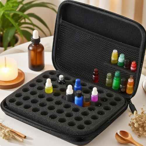 Jerliflyer Essential Oil Storage Bag,1-3ml 63 Slots Portable Aromatherapy Essential Oil Storage Bag Case Collision Proof No Leakage 16mm Aperture Essential Oil Organizer for Travel Outdoor (black)