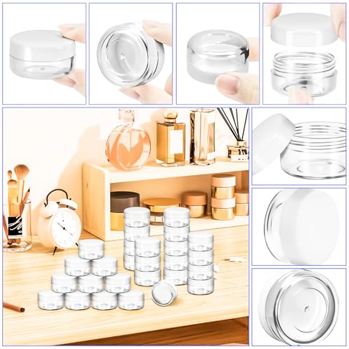 MotBach 50 Pack 10g Plastic Jars with Lids, 10ml Round Clear Cosmetic Containers Makeup Jars, Travel Size Container Jar with 20 Spatulas for Sample Lotion Cream Eyeshadow Ointment Salve Balm Powder