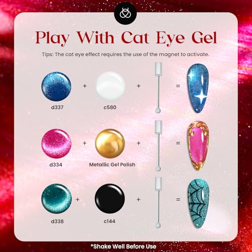 Beetles Magnetic Gel Nail Polish Set, 20 Colors Red Purple Orange Blue Cat Eyes Gel Polish Set Magnetic Gel Nail Polish with Double-ended Pen and Magnet Gel Manicure Kit Soak Off UV for Women