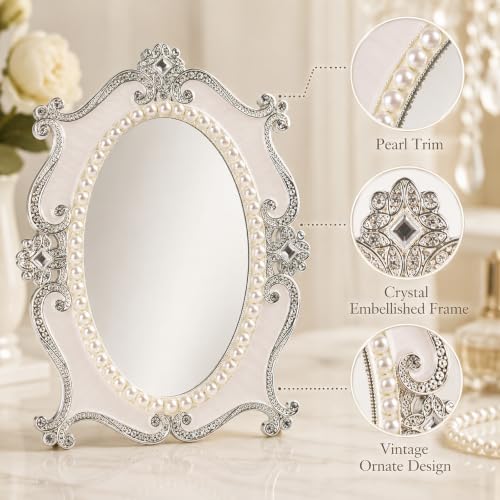 Nerien Vintage Oval Mirror with Stand, Pearl Floral Frame