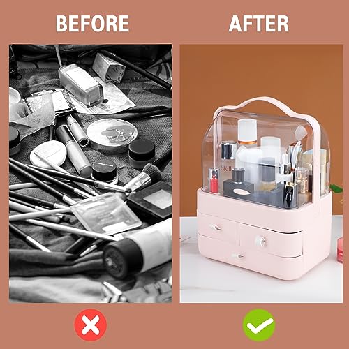 Nervure Pink Makeup Organizer - Cosmetic Storage Box with Lid - Makeup Organizer Storage Drawersr with Dust Free Cover and Portable Handle for Bathroom Countertop & Dresser & Gift
