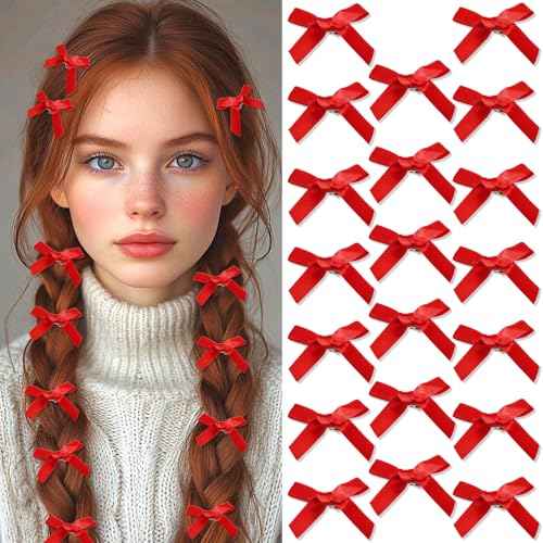 20PCS Red Mini Hair Bows Small Bow Hair Clips Cute Bowknot Silk Ribbons for Girls Christmas Sweet Bows for Hair Non Slip Hair Barrettes Bowknot Hair Clips Accessories for Women and Girls