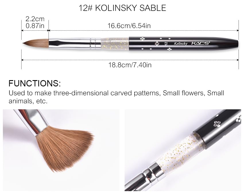 KADS 100% Kolinsky Sable Acrylic Brush 5pcs/Set Size 2#/4#/6#/8#/10# Acrylic Brush Black Kolinsky Sable Acrylic Nail Brush (Size 12)