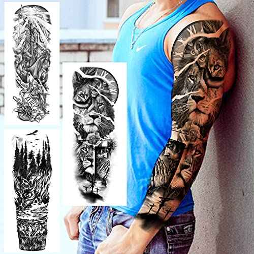 20 Sheets Extra Large Full Arm Temporary Tattoos For Men Adults, Tiger Snake Leopard Lion King Temporary Tattoos Sleeve For Women, Temp Waterproof Fake Tattoo Stickers For Kids Warrior Tatoos
