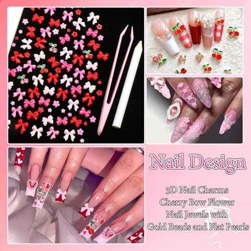BELICEY 3D Nail Charms Red Pink Bow Cherry Flower Charms for Nails Mix Size Flatback Nail Pearls Gold Caviar Beads Nail Gems Rhinestones with Tweezer Picker Pen for Manicure DIY Nail Art Design Crafts