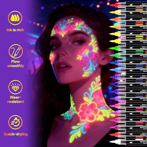 UV Neon Face Paint Pens - 10pc 20 Color Luminous Body Painting Kit