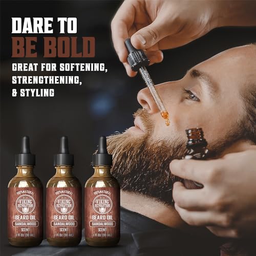 Viking Revolution Sandalwood Beard Oil for Men - Natural Mens Beard Oil with Argan Oil and Jojoba Oil - Beard Softener, Strengthens and Moisturizes - Beard Conditioner for Men (Sandalwood, 3 Pack)