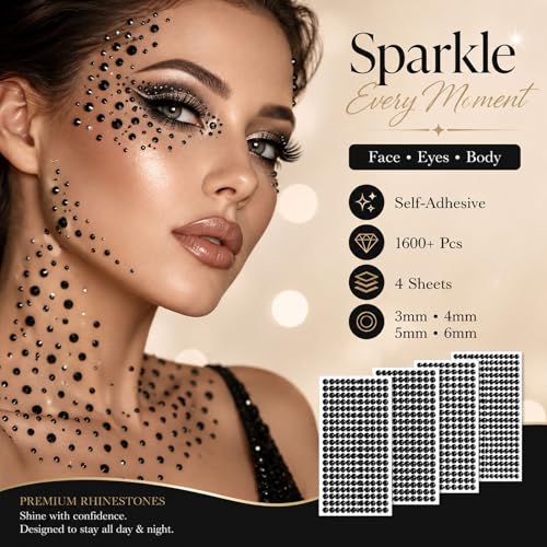 1608Pcs Black Face Gems Stickers Self-Adhesive Rhinestones 3-6mm