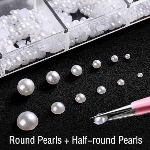 12 Grids Pearl Beads Nail Art Charms Nail Pearls White Pearl Charms for Nails Design Flat Back Pearls for Crafting Manicure Bead Kit Women Nail Beads Fingernail Decorations Cute Beads for Crafts
