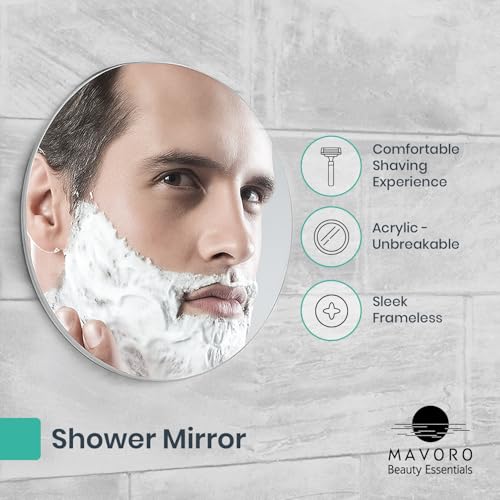 Mavoro 9" Round Shaving Mirror for Shower | 3M Adhesive Shower Mirror | Acrylic - Unbreakable | Less Fogging | Sleek Frameless | Peel and Stick | Glassless Safety