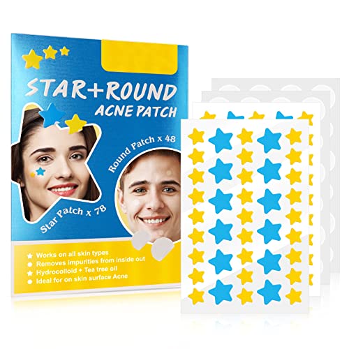 LESFEY 126 Patches Acne Patch Colorful Hydrocolloid Pimple Patch with Natural Tea Tree Oil, Cute Star and Round Shaped Acne Absorbing Cover Patch for Face Zits, Pimples, Blemishes, Spots Acne Dots