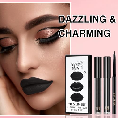 Black Matte Lipstick Lip Liner Gloss Set - Waterproof & Long-Lasting