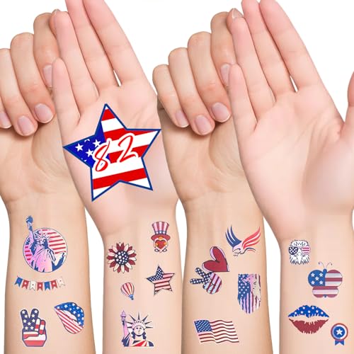 82 PCS Glitter 4th of July Temporary Tattoos American USA Flag Patriotic Fake Tattoo Sticker Red White and Blue Party Supplies for Kids Women Men Memorial Day, Independence Day, Labor Day