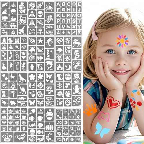 Yazhiji 183PCS Temporary Tattoo Stencils, Paint Stencils Kit on Face and Body, Girl Boy Glitter Tattoos Stencils Pack for Kids School Show Birthdays Halloween Christmas Party Favor Supplies