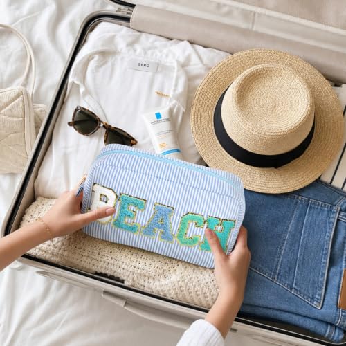 Sanwuta 6 Pack Seersucker Beach Makeup Bags with Chenille Letters