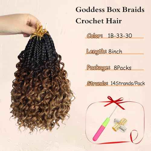 8 Packs Boho Box Crochet Braids Pre Looped with Curly Ends - 8 Inch Goddess Bohemian Box Crochet Hair for Black Women Synthetic 3X Boho Braids Crochet Hair Extensions Pre Looped T1B-33-30