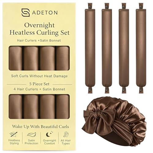 ADETON Heatless Hair Curlers Set Satin Overnight Curling Rods with Bonnet for Long Hair