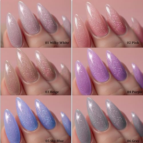 AHAMIOU Nail Polish Holographic Pink Shimmer Gel Nails Glitter Set Sparkly Shiny Reflective Nail Polish Kit Neutral Sheer Nude Gel Polish Diamond Gel for Home Salon DIY,6PCS