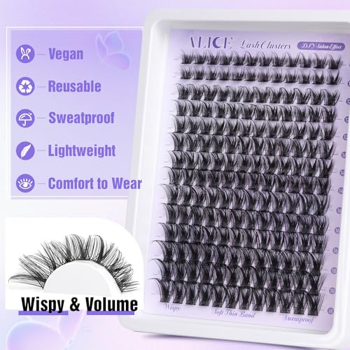 ALICE Lash Clusters Wispy Eyelash Clusters 10-18mm 168pcs Cluster Eyelash Extensions Natural Volume Lash Extensions DIY Individual Lashes Clusters with Soft Thin Band