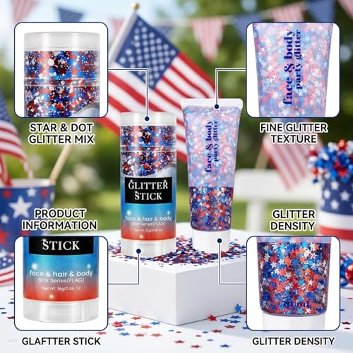 Patriotic Glitter Tattoos - 2PCS 4th of July Face & Body
