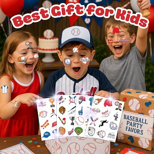 96PCS Baseball Pre-Cut Temporary Tattoos for Kids - Sports Themed Birthday Party Supplies, Fun Stickers for Boys & Girls, Party Favors, School Prizes, Summer Olympic Gifts (Normal)