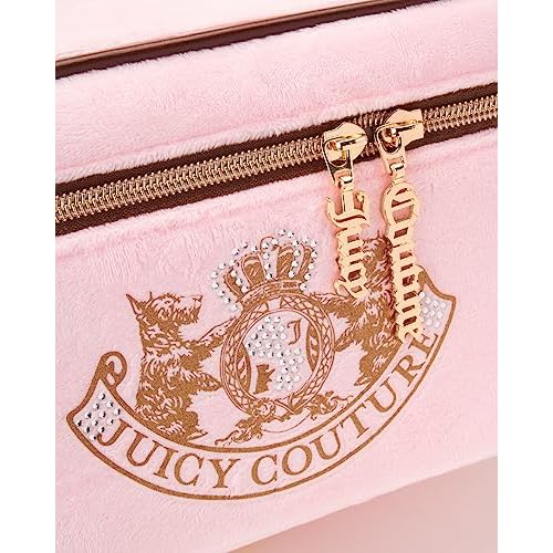 Juicy Couture Pink Makeup Bag Cosmetics Organizer Travel Essentials Train Case Gold Terroir Dog Rhinestone Crown Velour